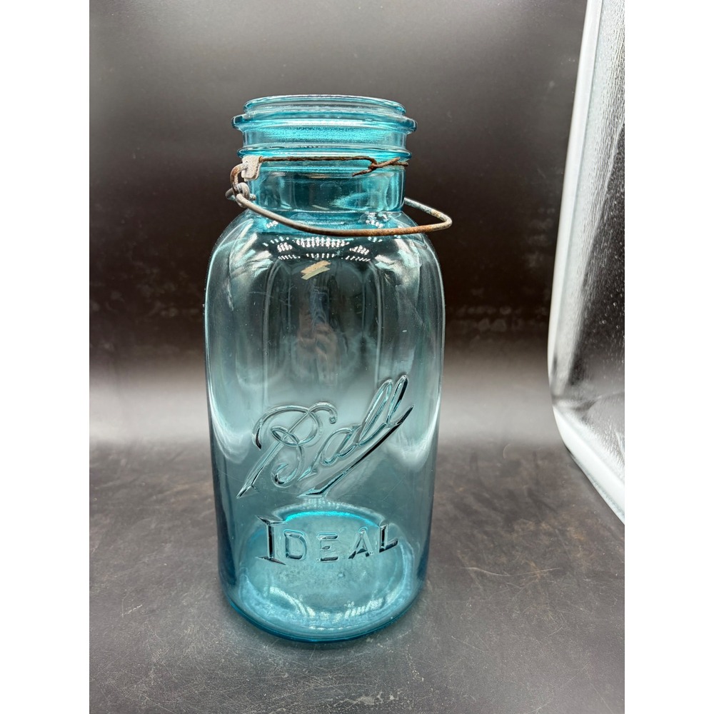 Vintage Ball Ideal Blue Glass Mason Jar Wire Bail Aqua 2 Embossed Logo Farmhouse